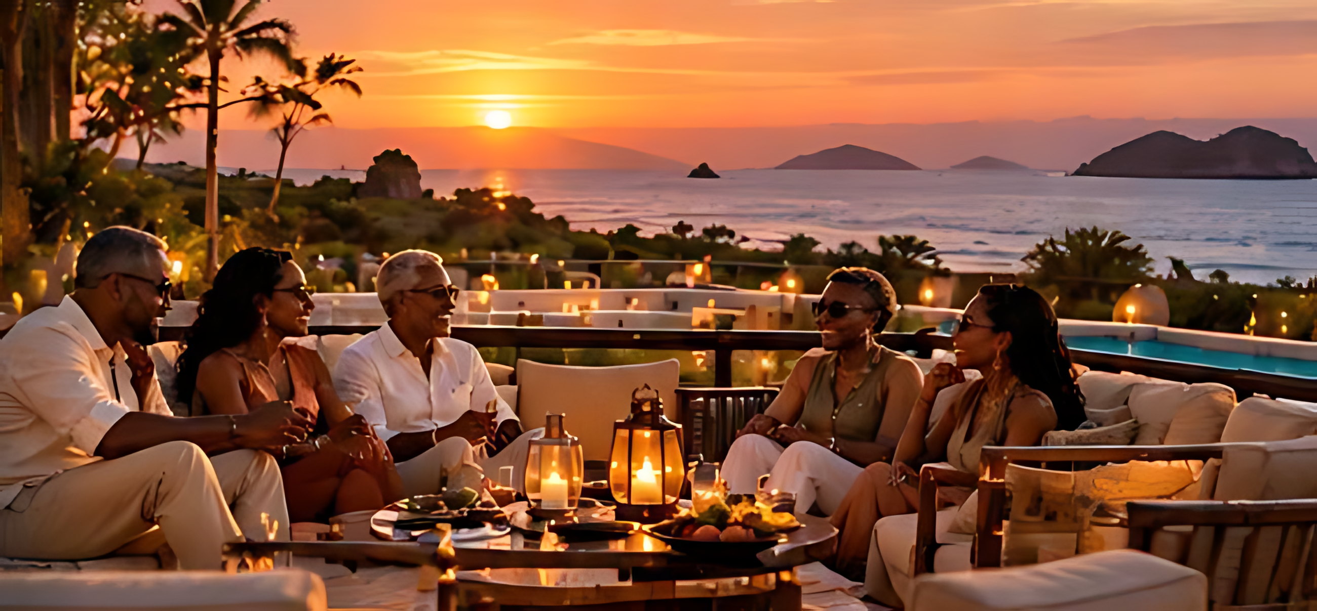 Guests gathered around a firepit on a terrace at sunset, the bush beyond