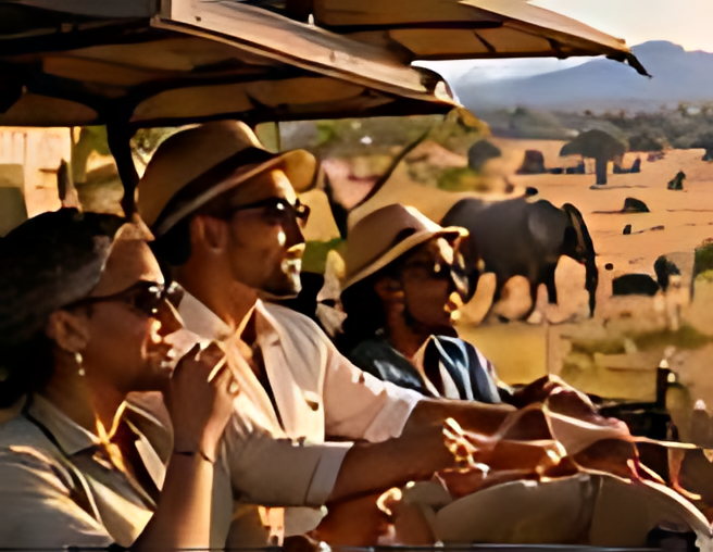 Guests on a game drive in an open vehicle under a canvas canopy, elephants nearby