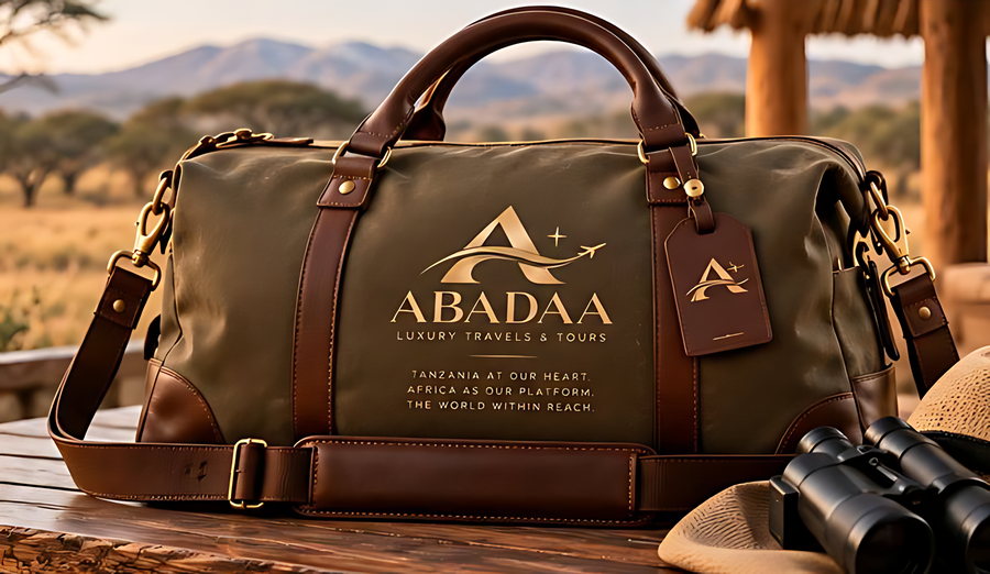 A canvas-and-leather duffel with leather trim, photographed close on a table
