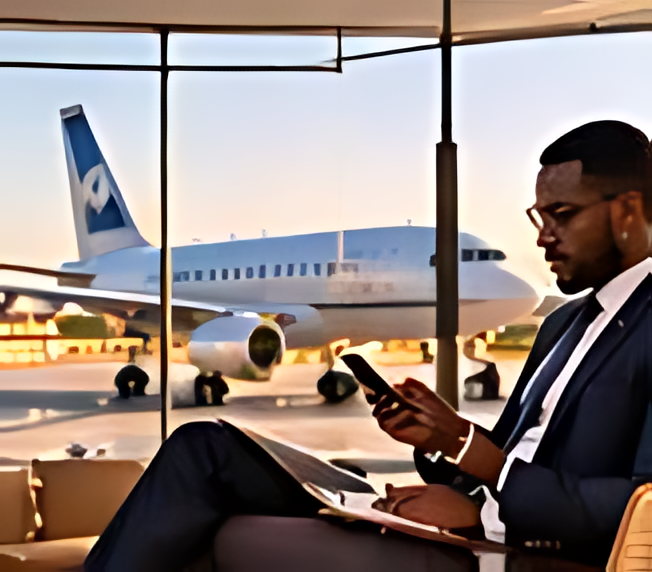 A traveller at an airport gate with an aircraft on the apron beyond