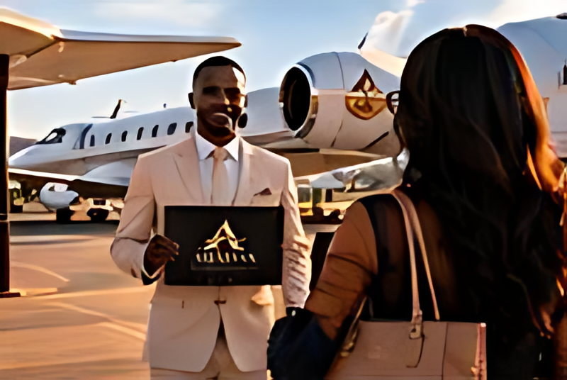 Guests walking out across the apron toward a private jet that is waiting for them