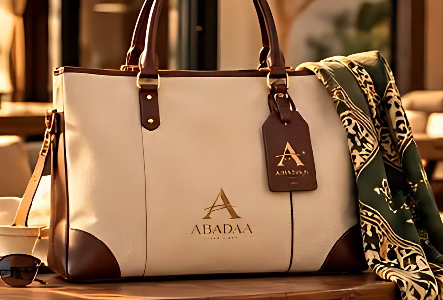 A structured canvas-and-leather tote with the ABADAA monogram, on a table
