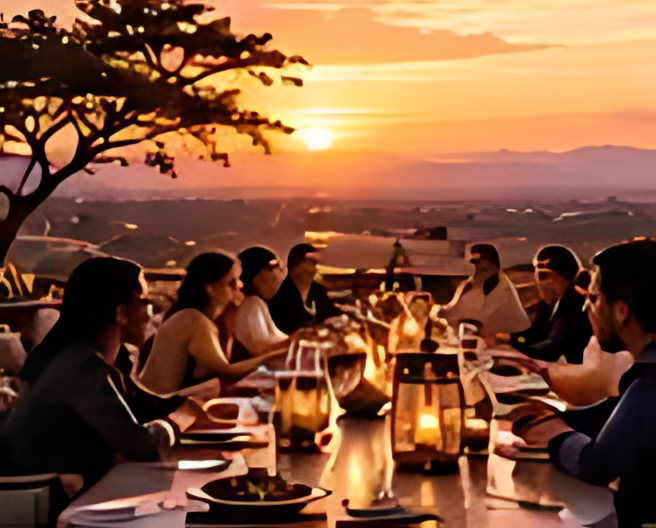 A long dining table laid for a group at sunset