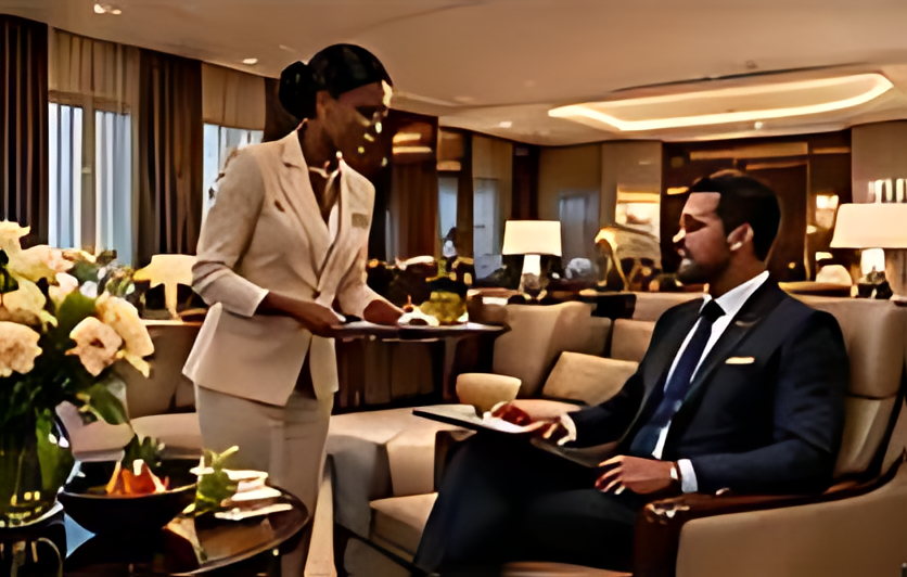 Guests seated in an airport lounge, attended by a member of staff