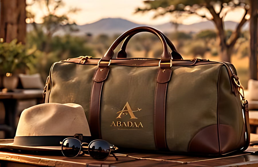 A canvas-and-leather weekend bag with the ABADAA monogram, on a table
